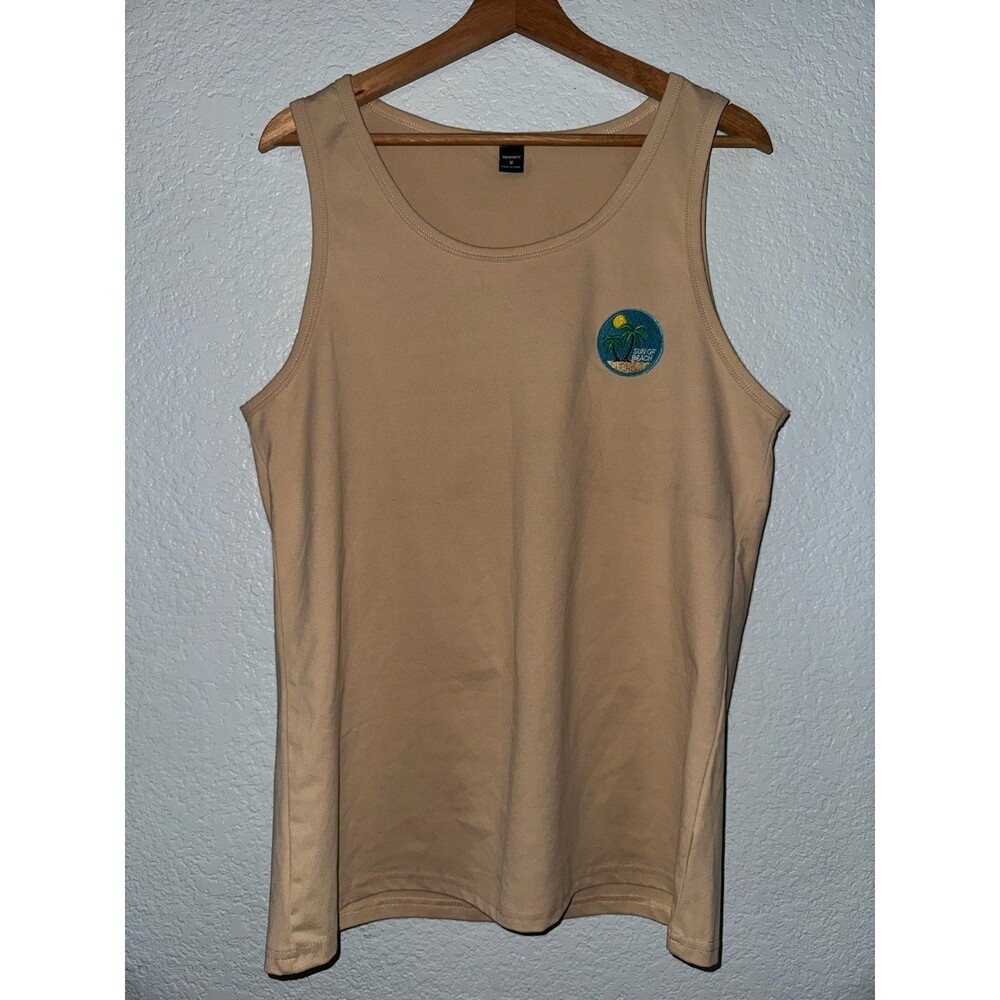 Manfinity Mens M Beige Tank Top Sun of Beach Palm Tree Embroidered Sleeveless